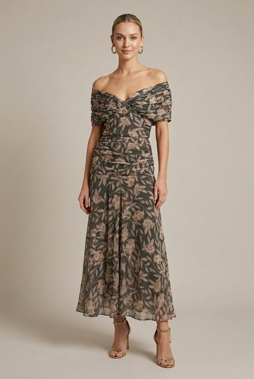Women's Black Floral Midi Dress V-Neck - Off Shoulder