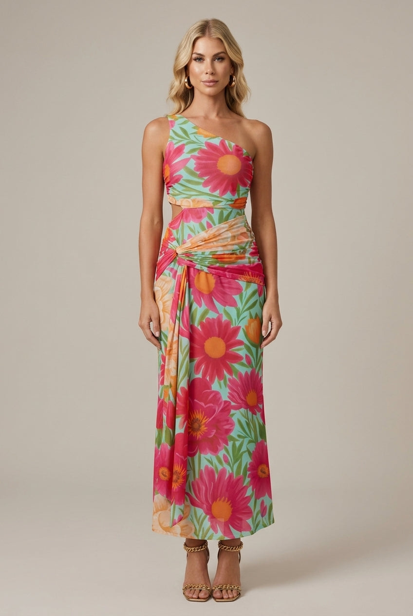 Women's One Shoulder Cutout Waist Side Tie Maxi Dress
