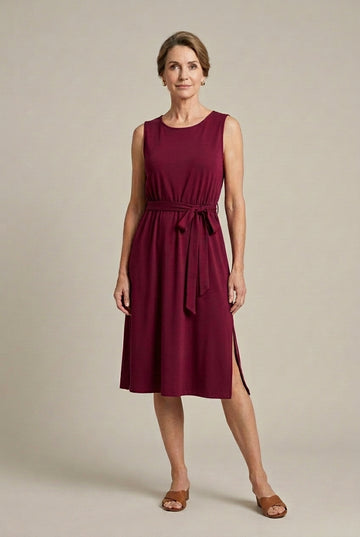 Women's Sleeveless Belted Midi Dress with Side Slit - Summer Dress