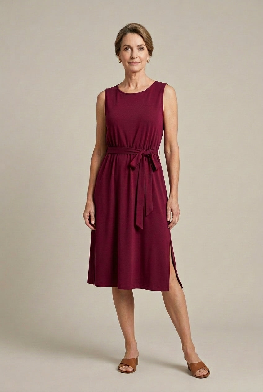 Women's Sleeveless Belted Midi Dress with Side Slit - Summer Dress