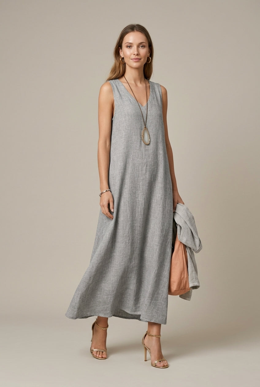 Women's Linen Midi Dress V-Neck