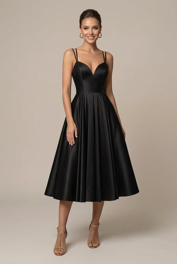 Women's V-Neck Midi Dress - Flowy A-Line Skirt - Double Strap