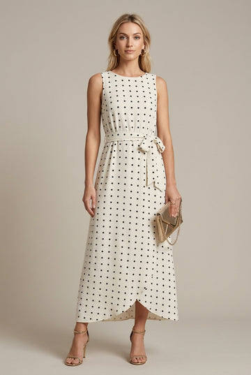 Women's Polka Dot Midi Dress Sleeveless Belted