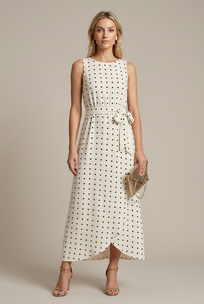 Women's Polka Dot Midi Dress Sleeveless Belted