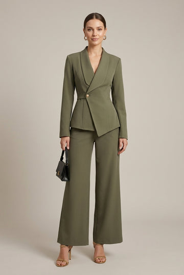 Women’s Two Piece Suit Set with V Neck Jacket and Straight Leg Wide Pants