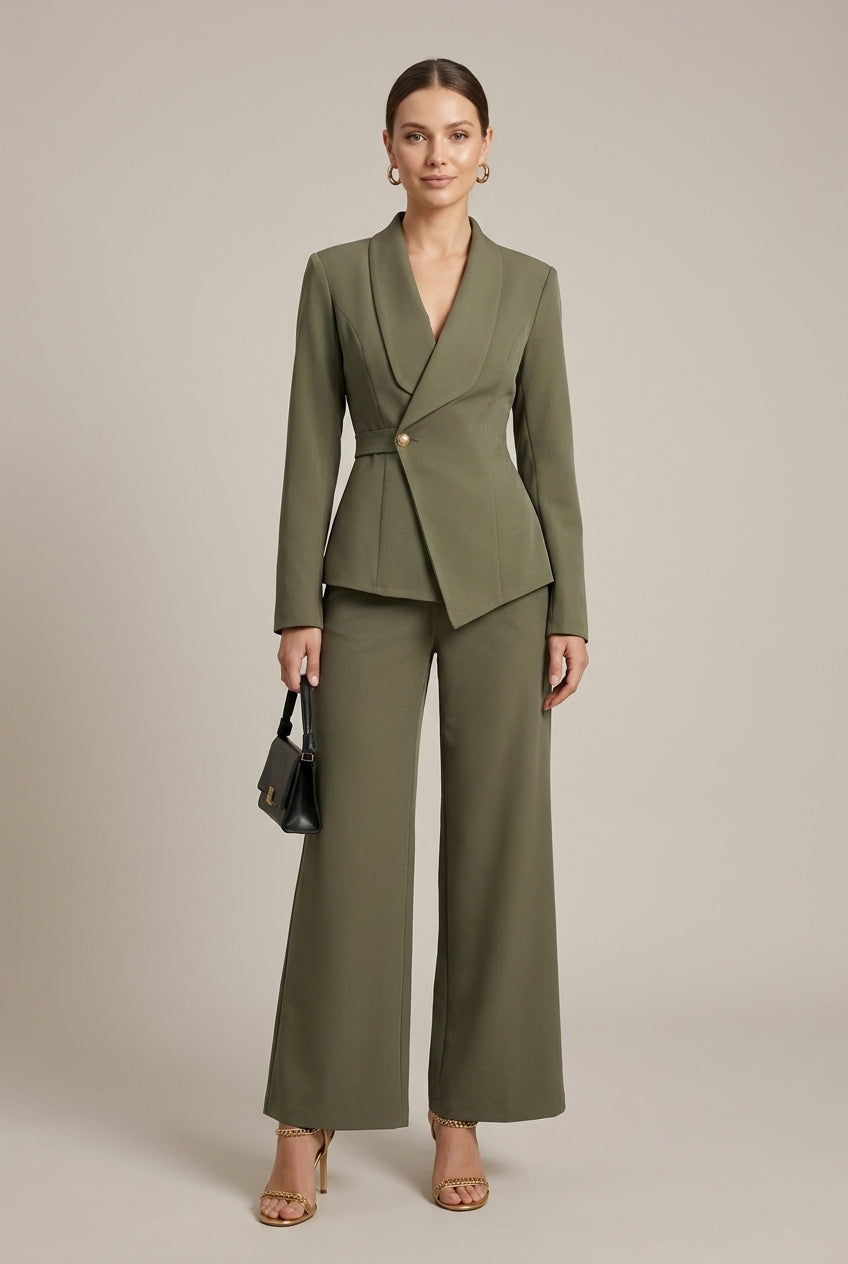 Women’s Two Piece Suit Set with V Neck Jacket and Straight Leg Wide Pants