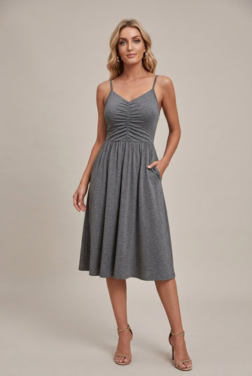 Women's Sleeveless Ruched Bodice V-Neck Midi Dress