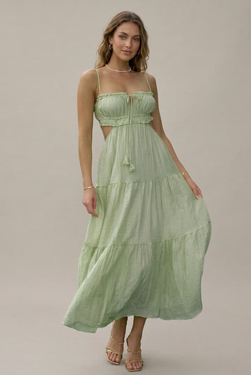Women's Spaghetti Strap Cutout Tiered Maxi Dress - Tassel Tie