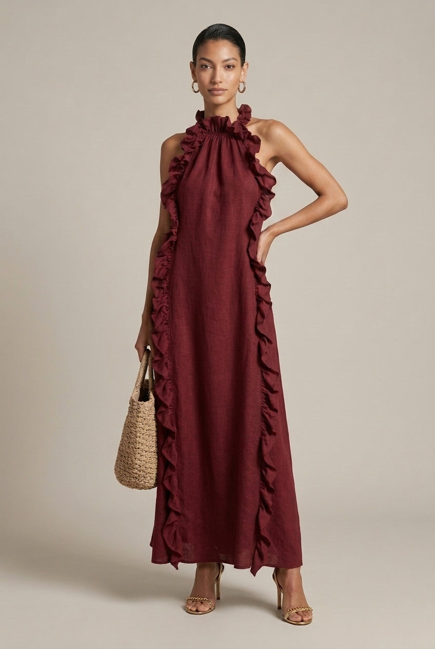 Women's Linen Blend Halter Neck Maxi Dress