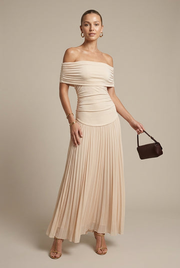 Women's Off Shoulder Pleated Maxi Dress - Ruched - Wedding Guest