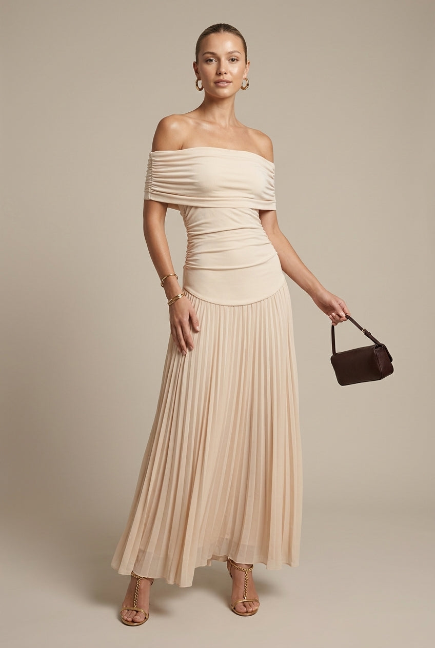 Women's Off Shoulder Pleated Maxi Dress - Ruched - Wedding Guest