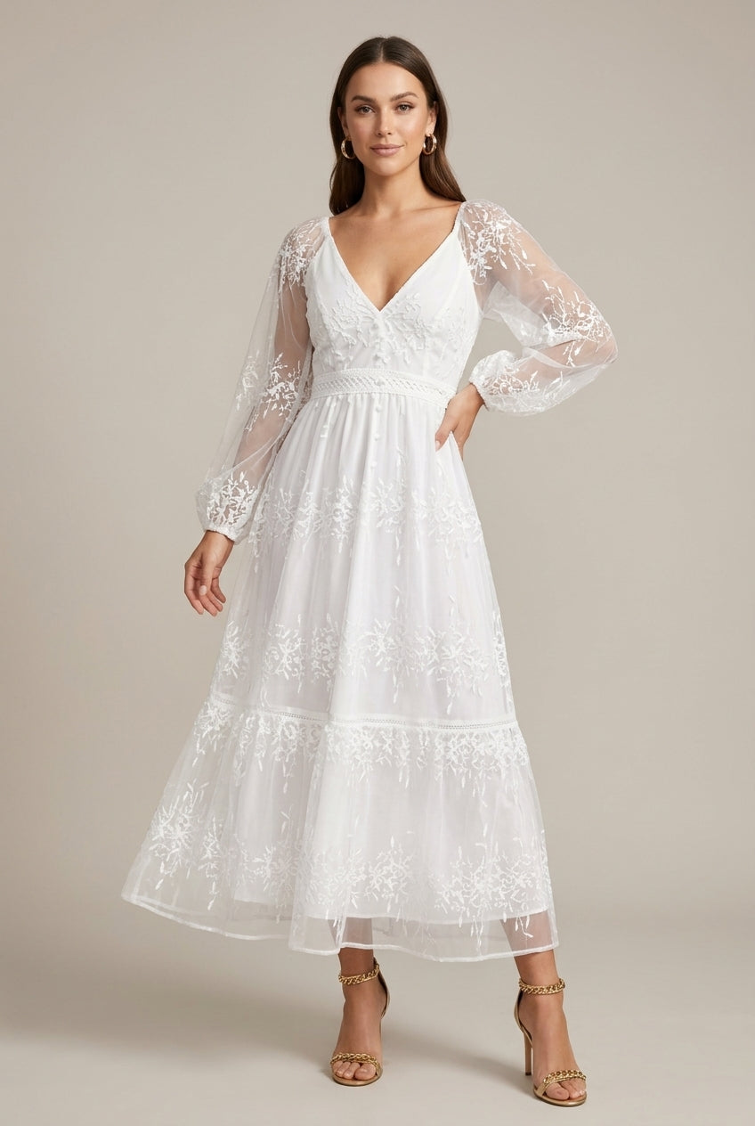 Women's V-Neck Lace-Up Nail Bead Embroidered Maxi Dress