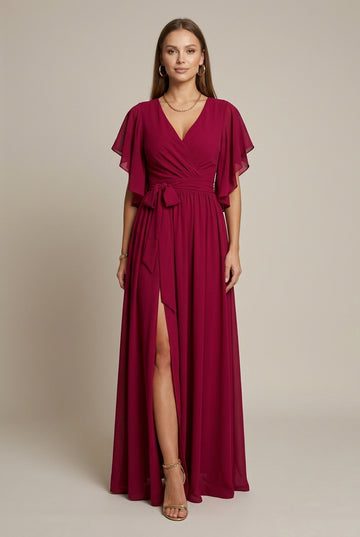 Women's Wrap Maxi Dress V-Neck Flutter Sleeve