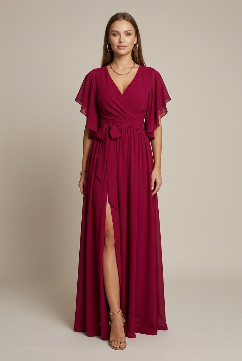 Women's Wrap Maxi Dress V-Neck Flutter Sleeve