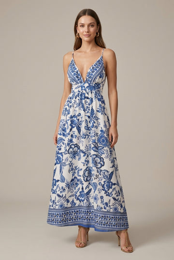 Women's Floral Maxi Dress - Deep V-Neck Flowy Boho Dress