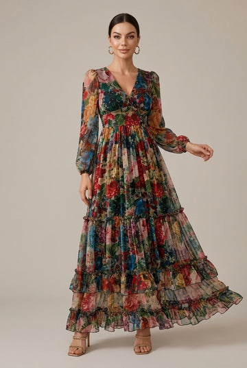 Women's Floral Long Sleeve V-Neck Tiered Ruffle Maxi Dress