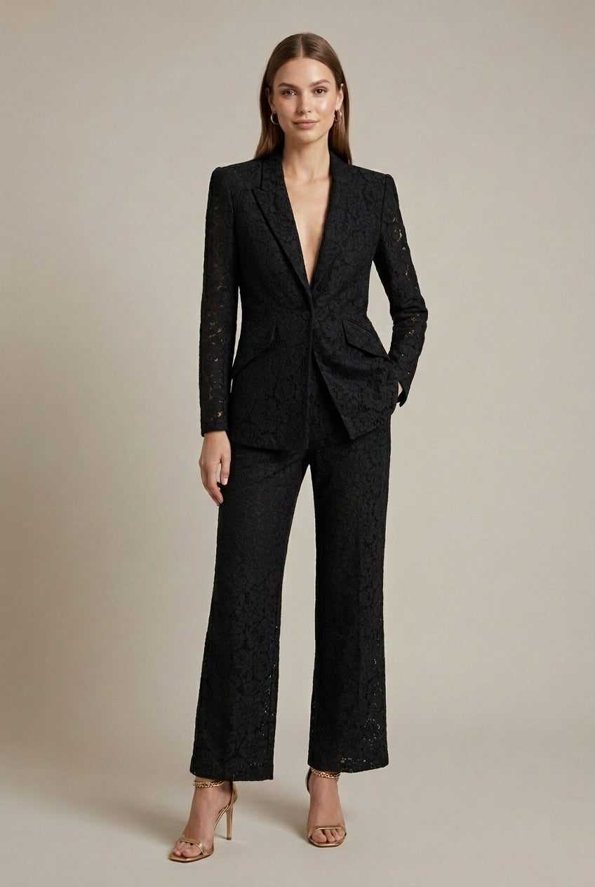 Women's Lace Long Sleeve Blazer Wide Leg Pant Suits for Women