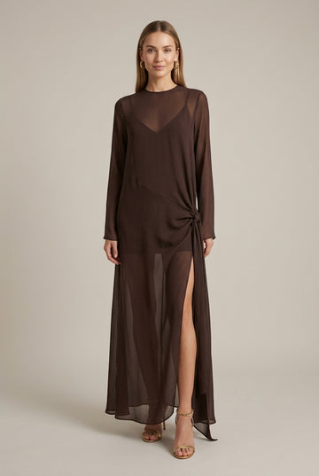 Women's Sheer Mesh High Neck Maxi Dress with Side Tie and Slit