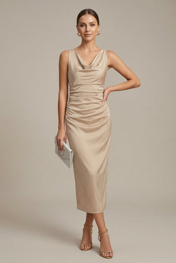 Women's Satin Midi Dress Cowl Neck