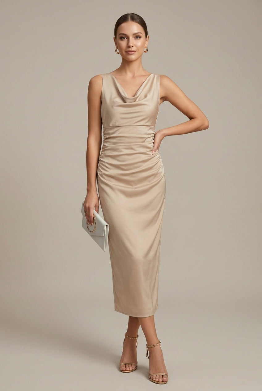 Women's Satin Midi Dress Cowl Neck