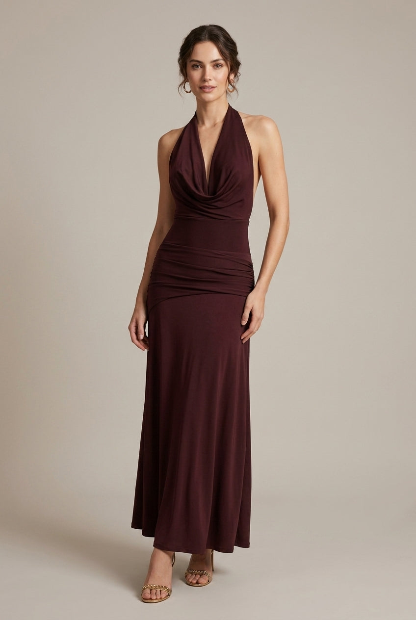 Women's Maxi Dress Halter Neck Ruched - Open Back
