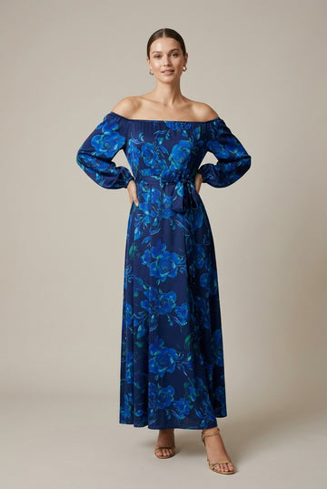 Women's Blue Floral Maxi Dress Off-Shoulder