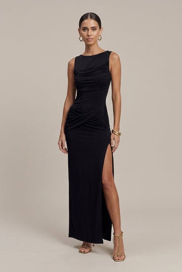 Women's Sleeveless Round Neck Ruched Backless Side Slit Maxi Dress