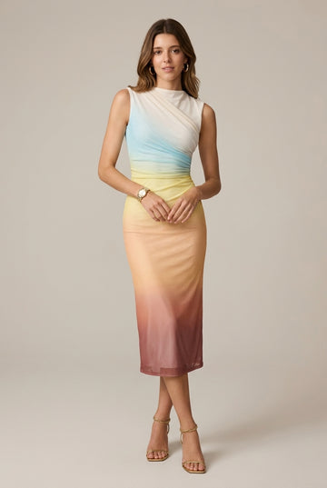 Women's Midi Dress Ombre Sleeveless Mock Neck Draped Bodycon