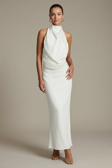Women's Halter Neck Draped Satin Maxi Dress - Sleeveless Open Back