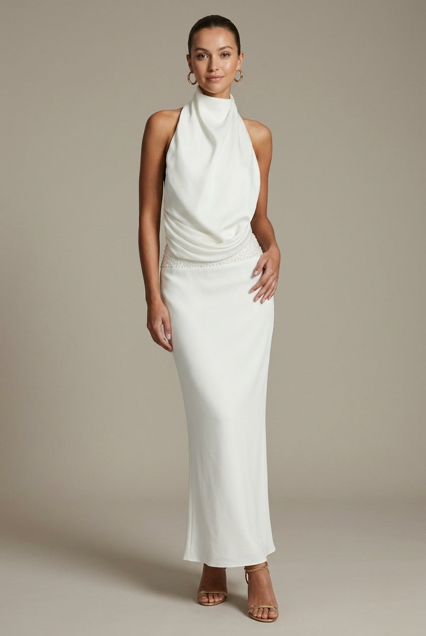 Women's Halter Neck Draped Satin Maxi Dress - Sleeveless Open Back