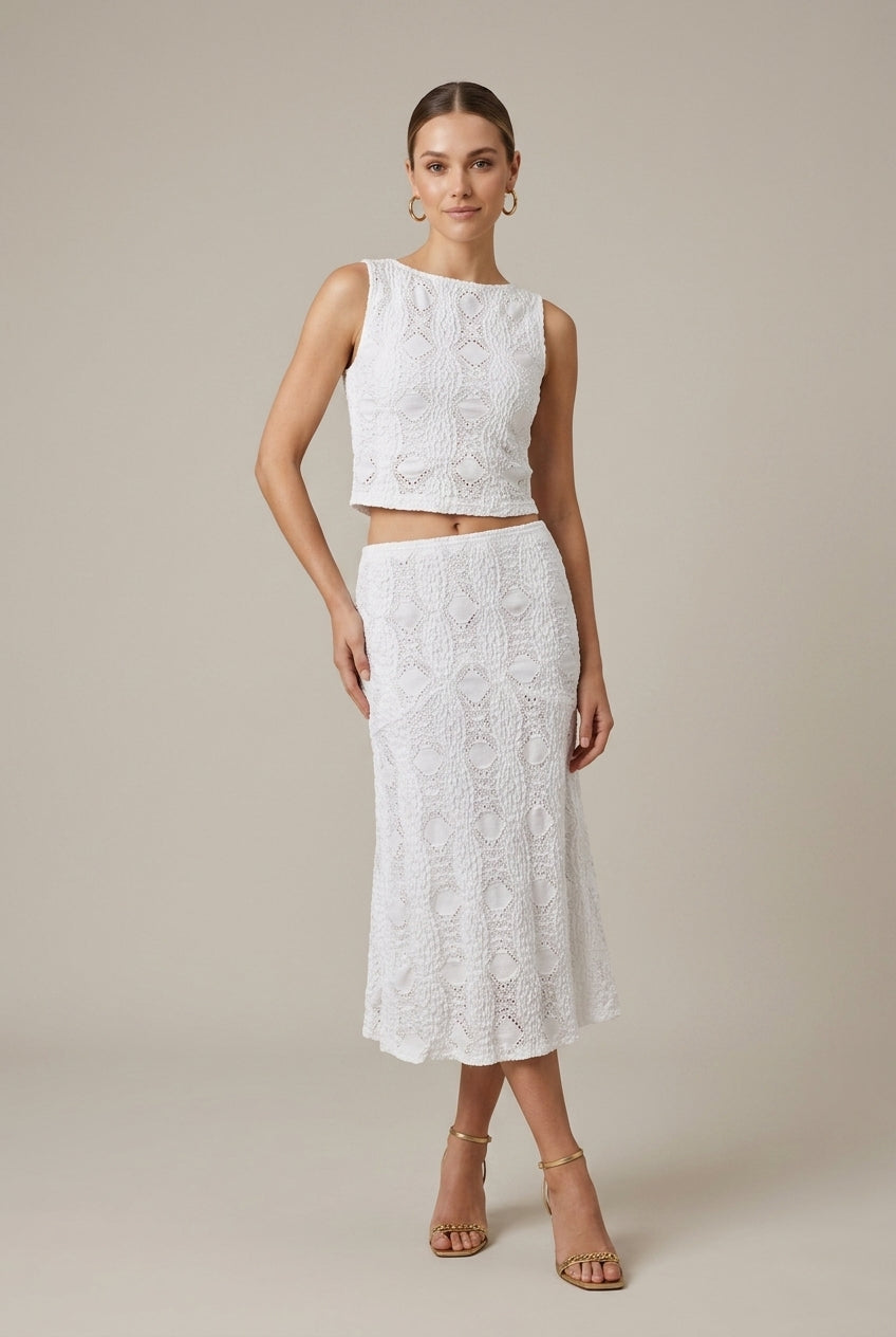 Women's Crochet Knit Sleeveless Crop Top and Midi Skirt Two Piece Set