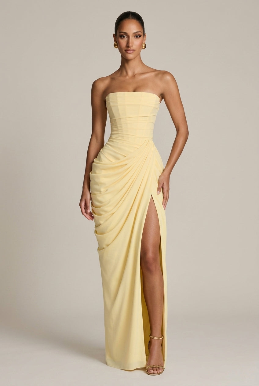 Women's Strapless Ruched Side Slit Maxi Dress