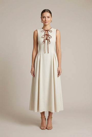 Women's Sleeveless Maxi Dress - Bow Tie Front Drop Waist A-Line Skirt