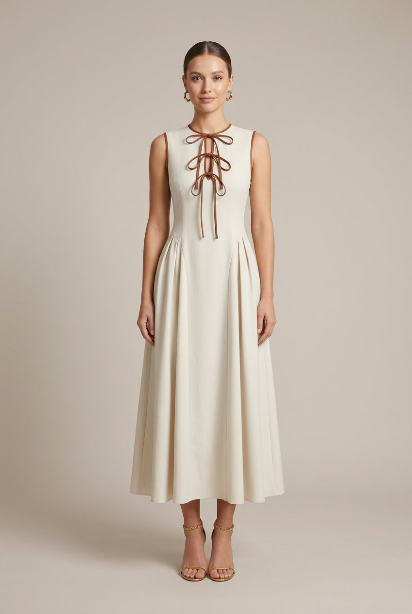 Women's Sleeveless Maxi Dress - Bow Tie Front Drop Waist A-Line Skirt