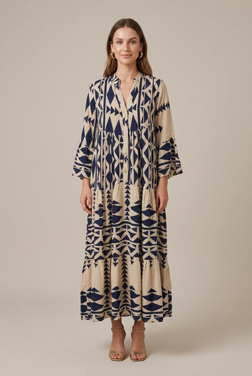 Women's Geometric Print Maxi Dress Tiered V-Neck