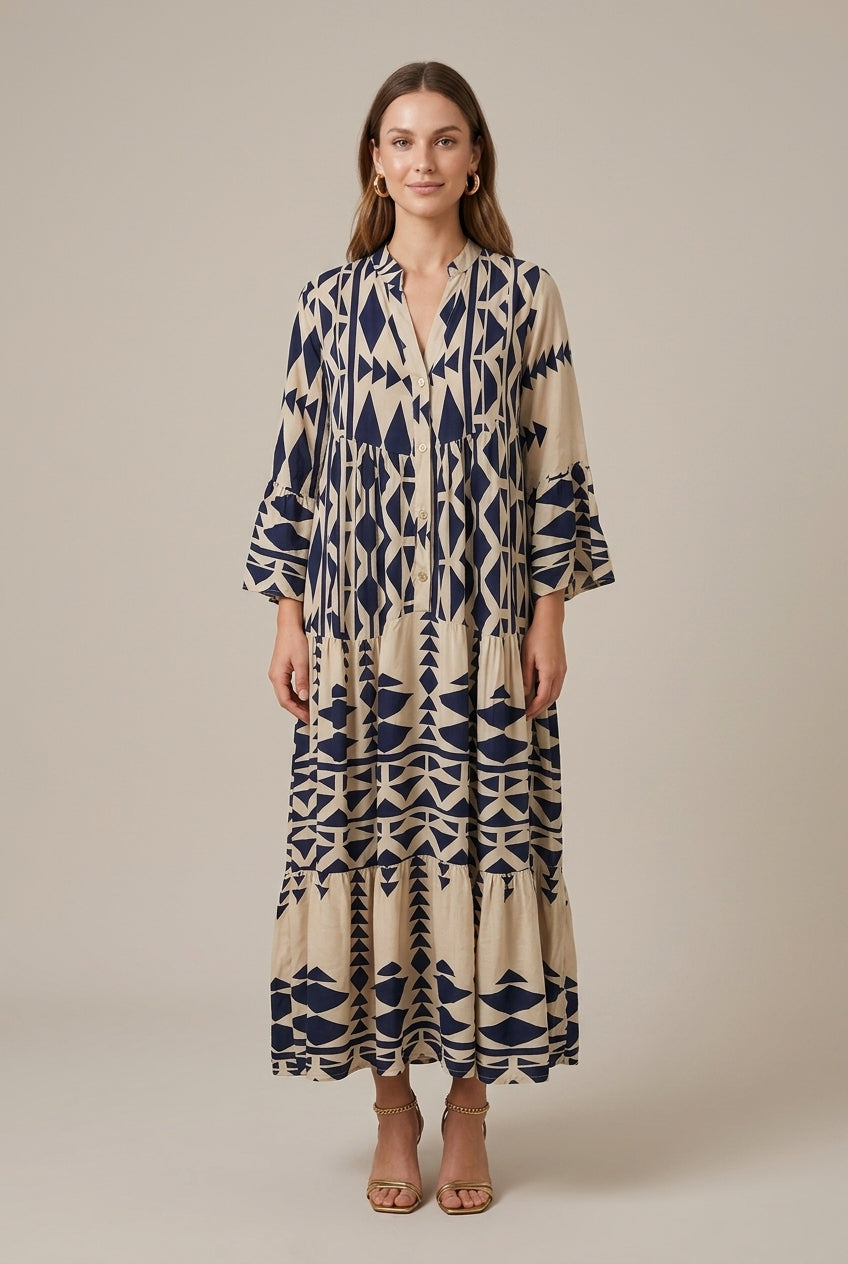 Women's Geometric Print Maxi Dress Tiered V-Neck