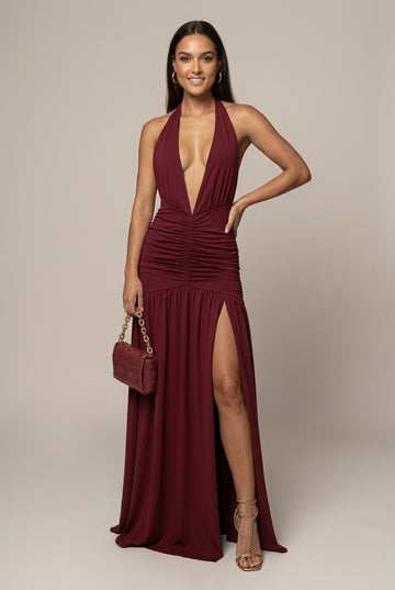 Women's Halter Neck Maxi Dress Plunge Ruched