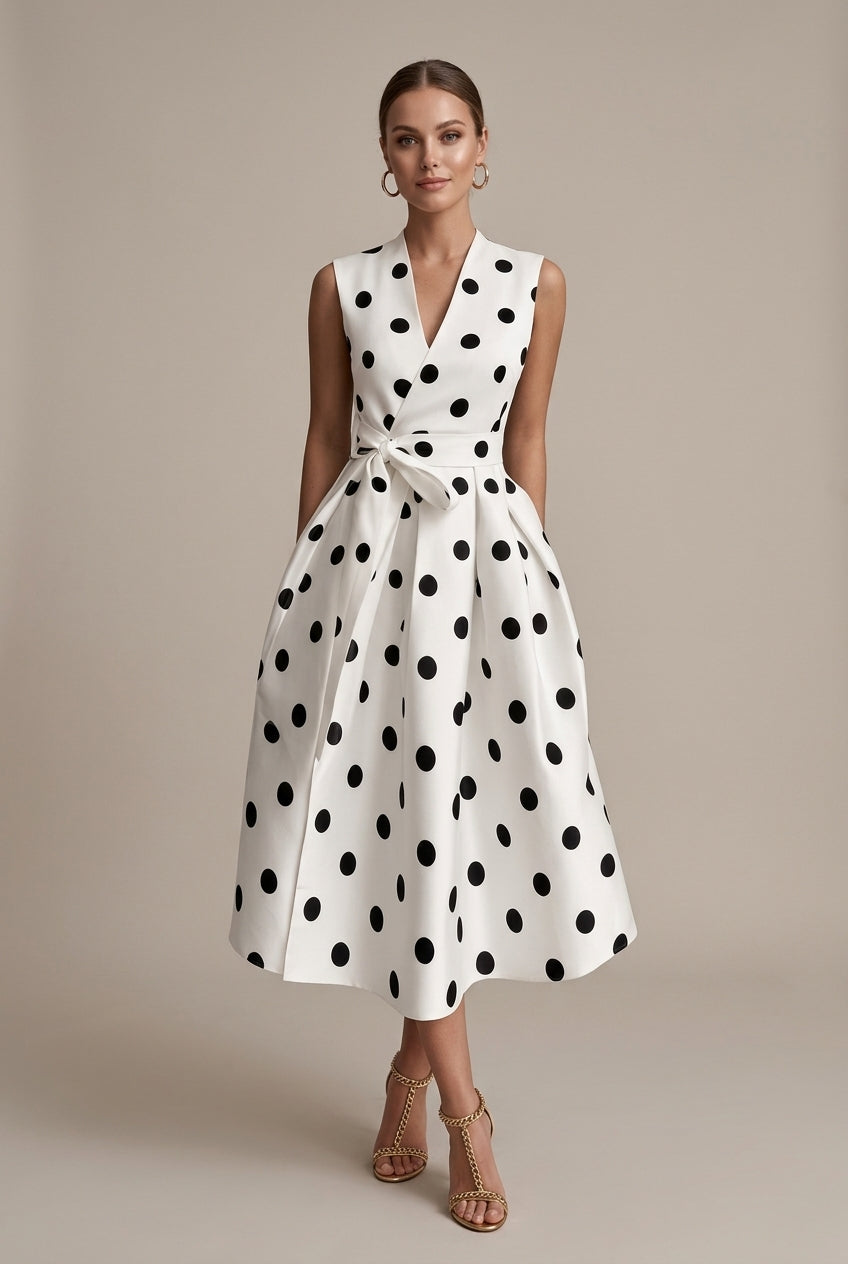 Women's Polka Dot V-Neck Sleeveless Midi Dress - Bow Waist Detail