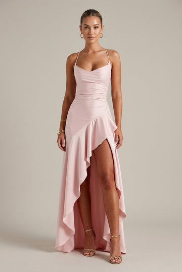 Women's Satin Maxi Dress Cowl Neck High Slit