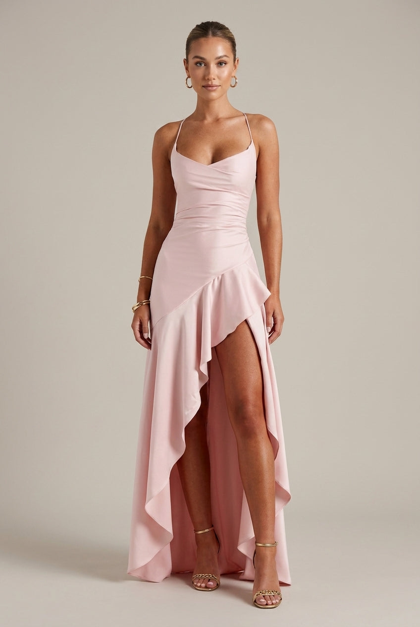 Women's Satin Maxi Dress Cowl Neck High Slit