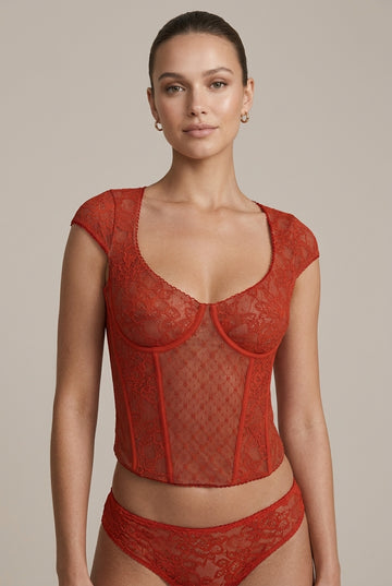 Women's Lace Corset Crop Top with Cap Sleeves and Back Zip