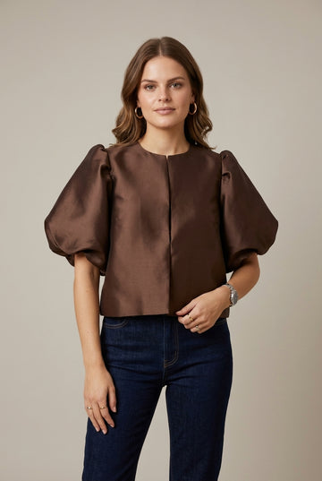 Women's Satin Puff Sleeve Cropped Blazer - Button Front Jacket