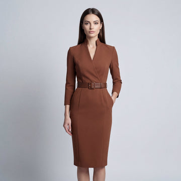 Women's Long Sleeve Wrap Front Belted Midi Dress - V-Neck