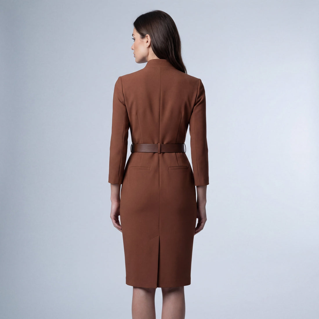 Women's Long Sleeve Wrap Front Belted Midi Dress - V-Neck