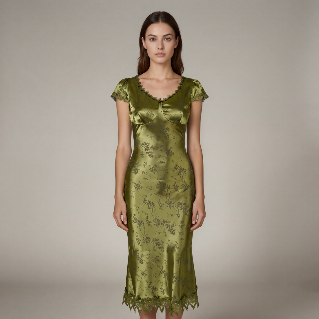 Women's Satin Floral Jacquard Scalloped Lace Trim Short Sleeve Midi Dress