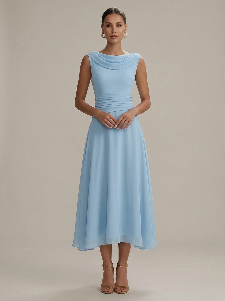 Women's Sleeveless Cowl Neck Midi Dress - Pleated A-Line Skirt - Ruched Waist