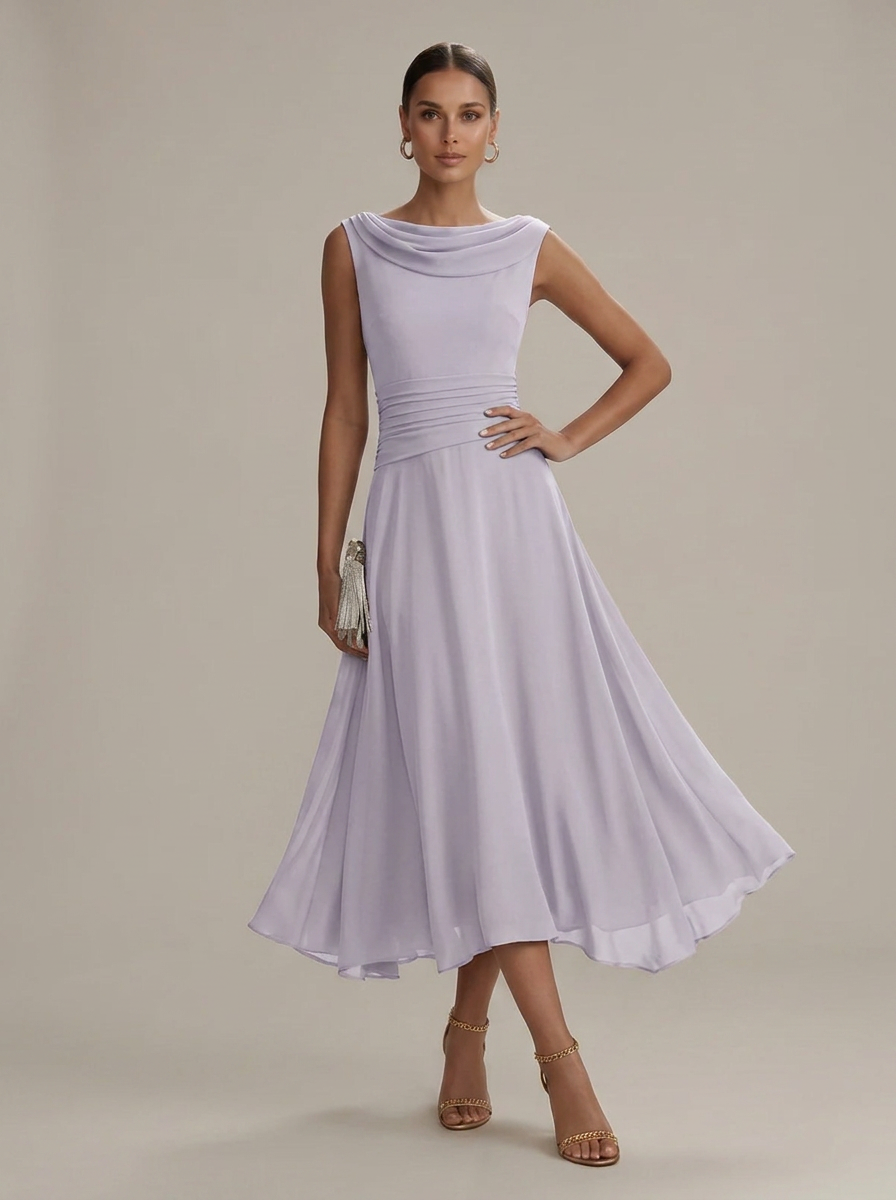 Women's Sleeveless Cowl Neck Midi Dress - Pleated A-Line Skirt - Ruched Waist