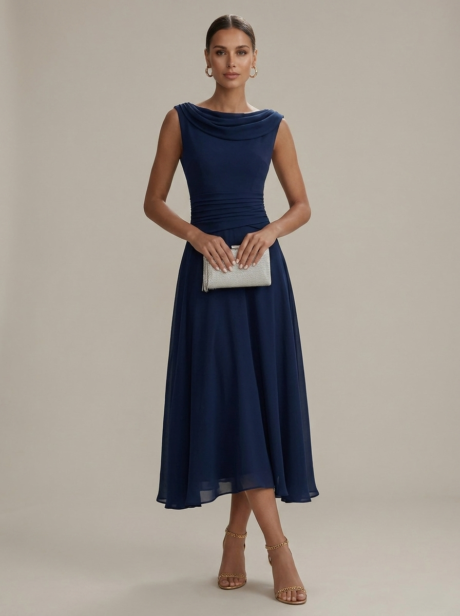 Women's Sleeveless Cowl Neck Midi Dress - Pleated A-Line Skirt - Ruched Waist