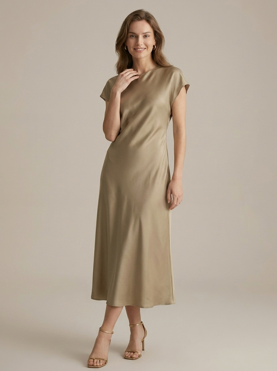 Women's Round Neck Satin Midi Dress