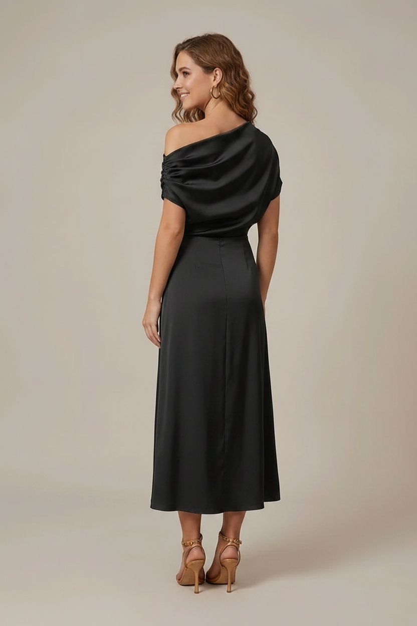 Women's Off Shoulder Asymmetrical Sleeve Side Split Midi Dress